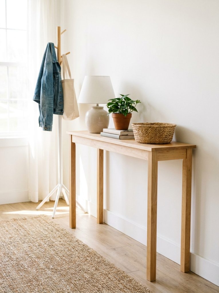 Simple DIY wooden console table with four straight legs and flat top in natural finish in bright entryway
