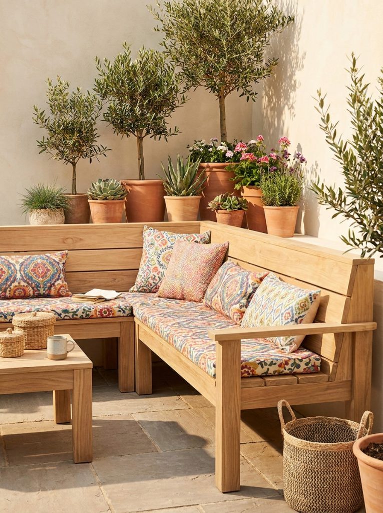  DIY L-shaped wooden corner bench on sunny patio with cushions and potted plants in corner