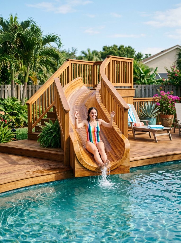  Beautiful wooden deck DIY pool slide integrated with pool deck smooth sealed surface safety rails elegant finish beside sparkling pool