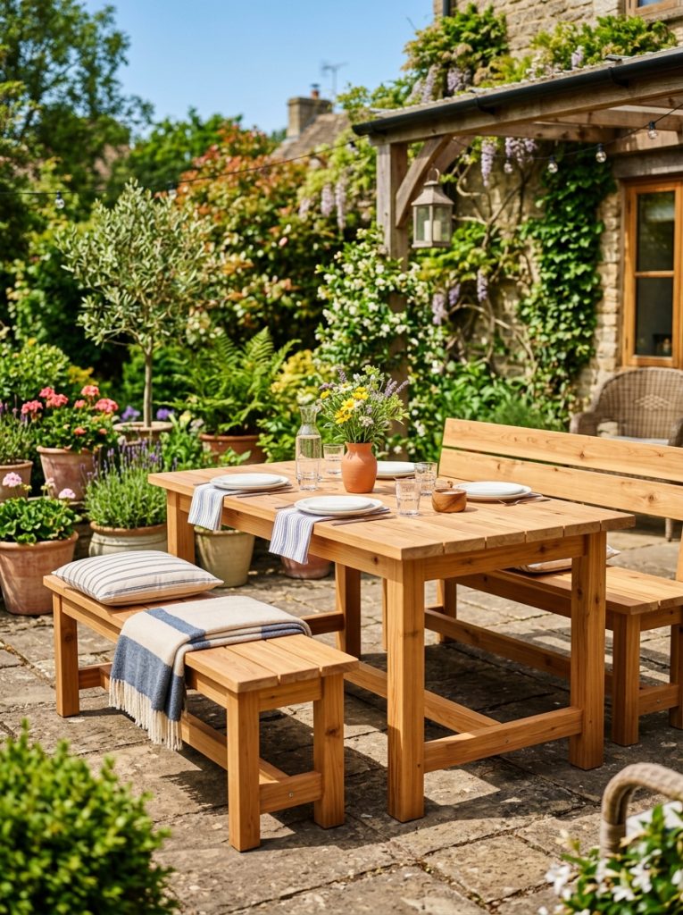 DIY wooden outdoor dining table with matching benches on sunny patio with potted plants natural wood finish sturdy