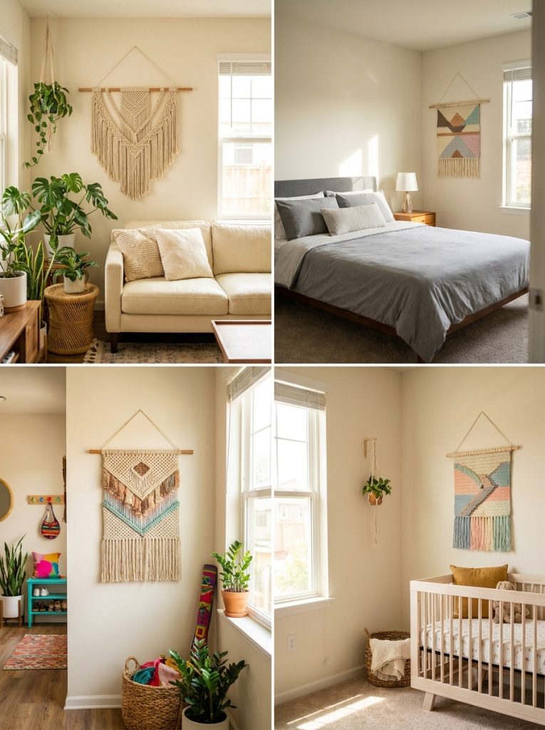Beautiful wooden dowel crochet wall hangings with natural rods supporting crochet pieces showing beautiful natural top edge in home interiors