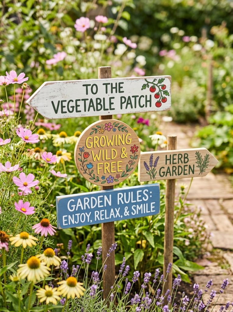  Beautiful blank wooden garden sign DIY with rectangular round arrow shapes painted with garden lettering botanical designs and messages on stakes