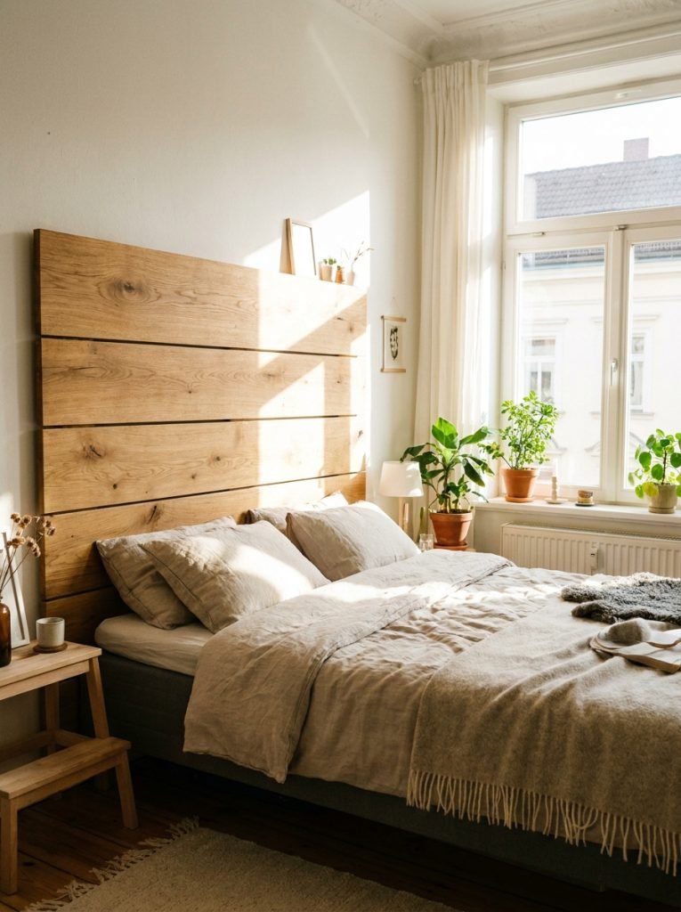DIY wooden plank headboard with horizontal boards in natural wood finish behind bed bright Scandinavian bedroom
