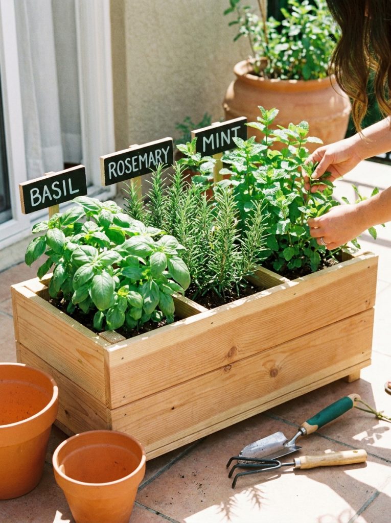  DIY wooden outdoor herb planter box divided into sections holding fresh herbs on sunny patio