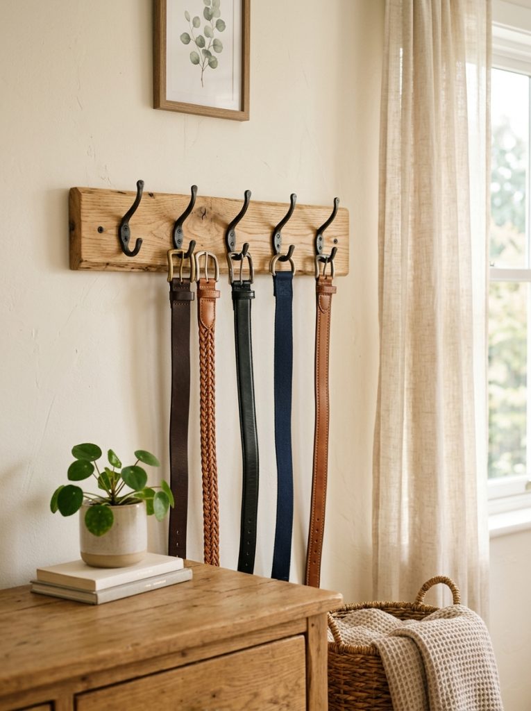 DIY wooden hook rail on bedroom wall with metal hooks holding belts neatly
