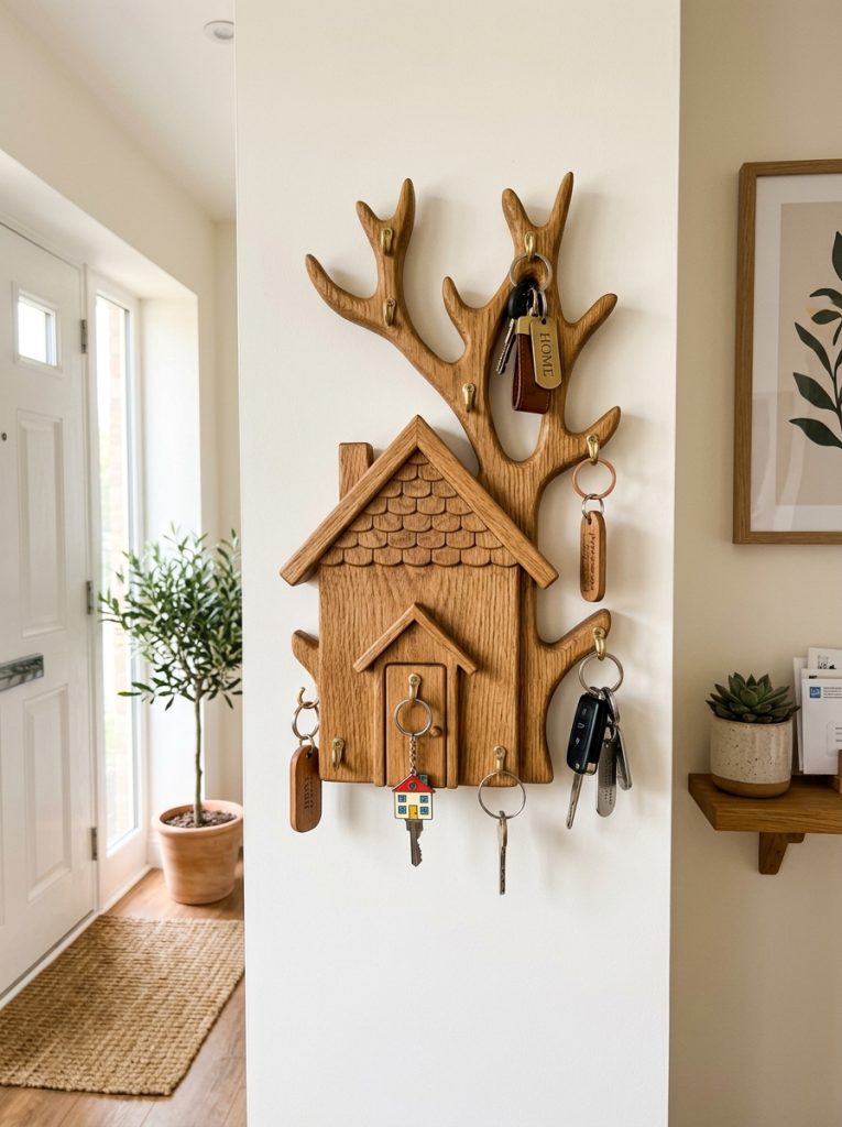Unique sculptural wooden key holder shaped like a house with hooks at door positions holding keys on bright entryway wall