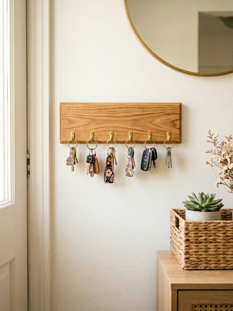  Wooden key holder with labeled individual hooks mounted on bright entryway wall holding multiple keys neatly