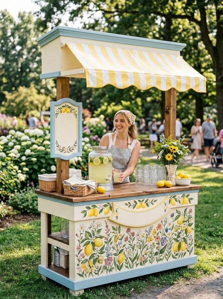 Beautiful classic wooden lemonade stand DIY with serving counter roof overhang storage below and beautifully painted professional design