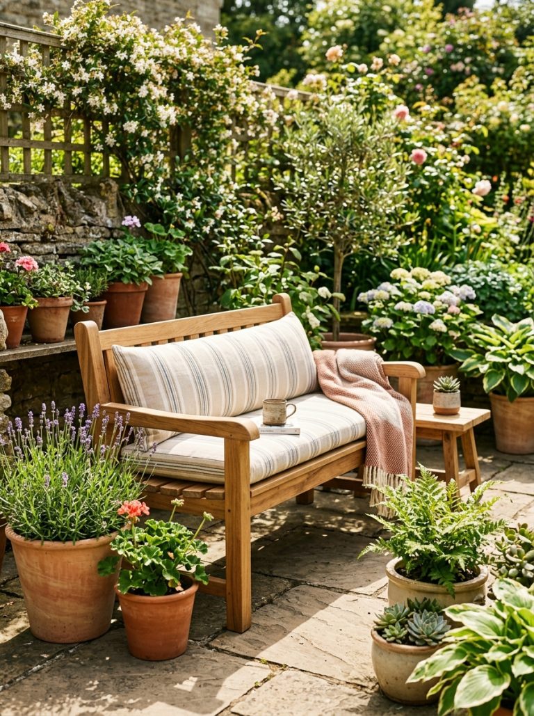 DIY wooden outdoor bench with cushion on sunny patio surrounded by potted plants