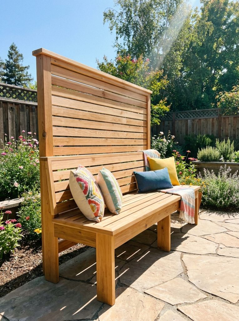 DIY wooden outdoor bench with clean built in backrest on bright sunny patio natural wood finish