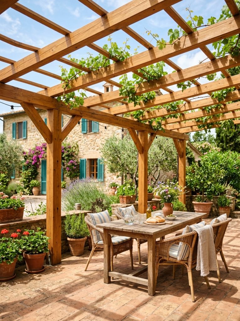 Wooden pergola structure over Italian style patio with climbing vines providing dappled shade warm natural wood finish