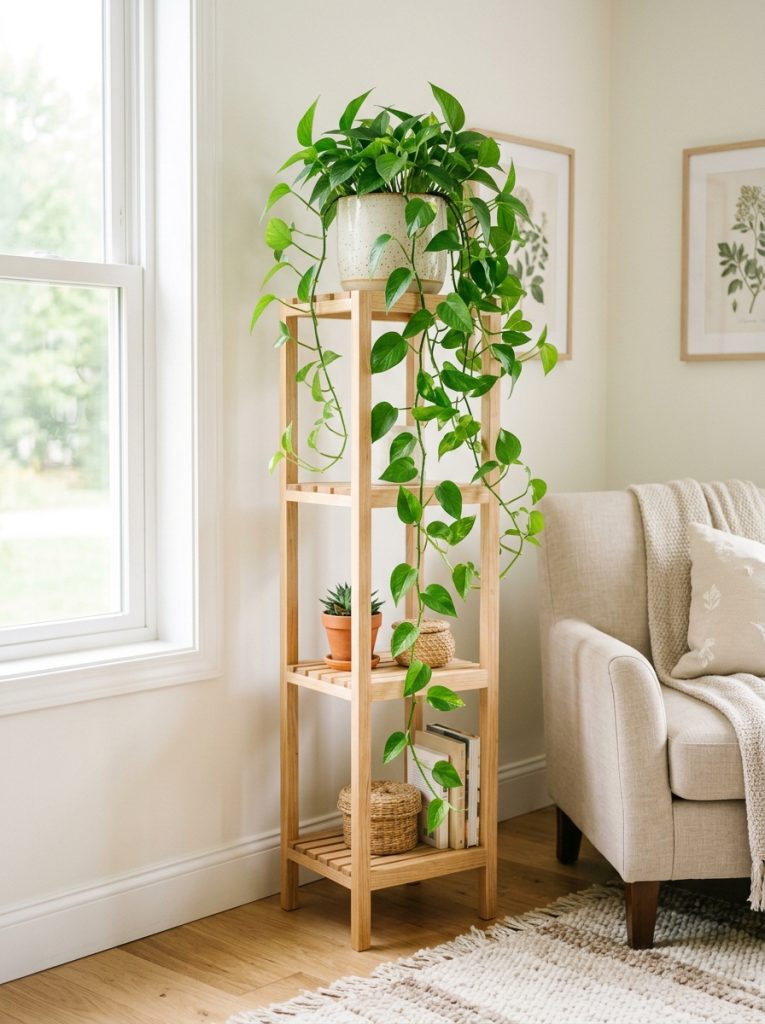 Tall slim DIY wooden plant stand holding trailing potted plant elevated high in bright minimal room corner