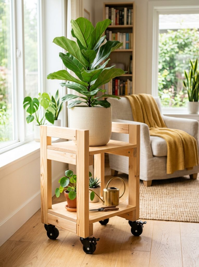 DIY wooden plant stand on locking caster wheels holding large potted plant in bright indoor living room