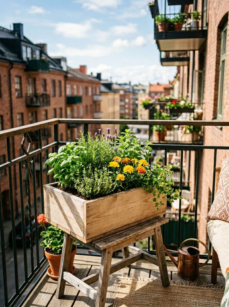 Small DIY wooden planter box on compact apartment balcony filled with herbs and small flowers