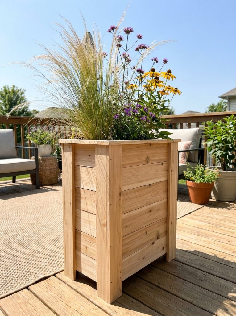 Tall DIY wooden planter box filled with ornamental grasses and tall flowering plants on deck