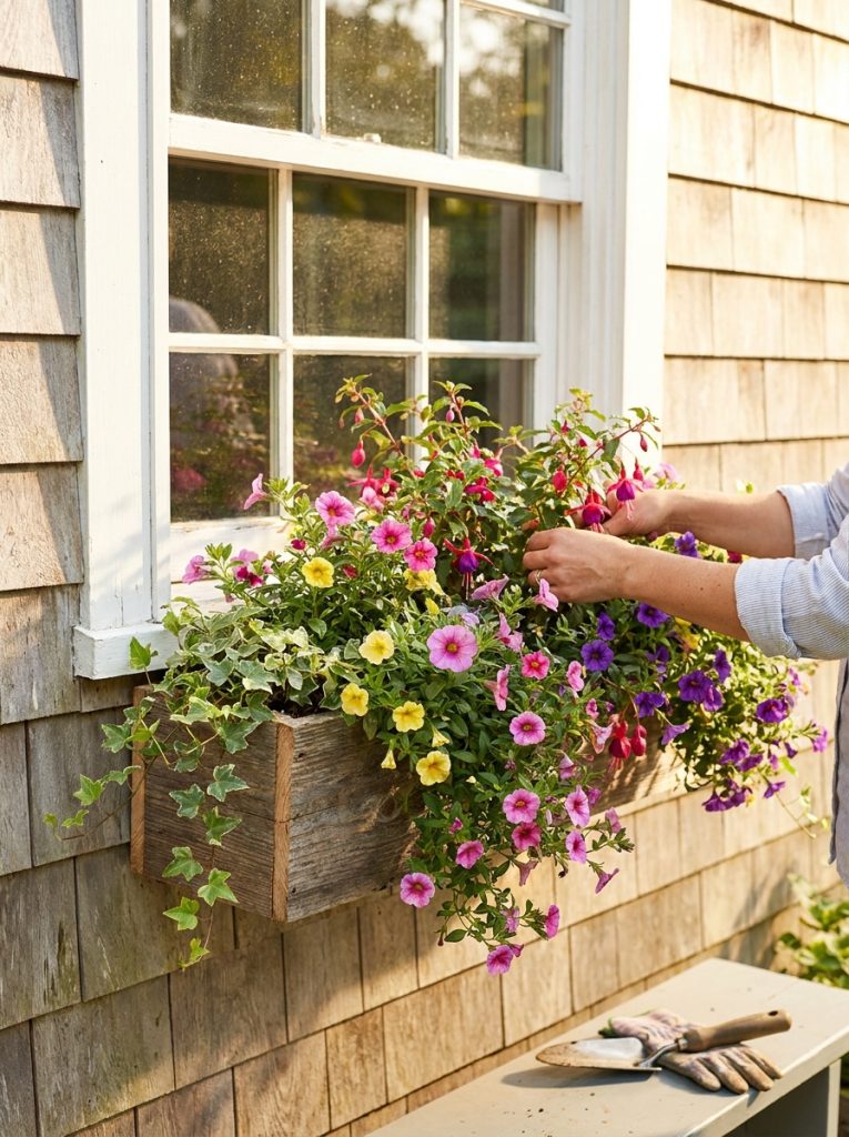 DIY wooden window planter box mounted below house window filled with colorful trailing flowers