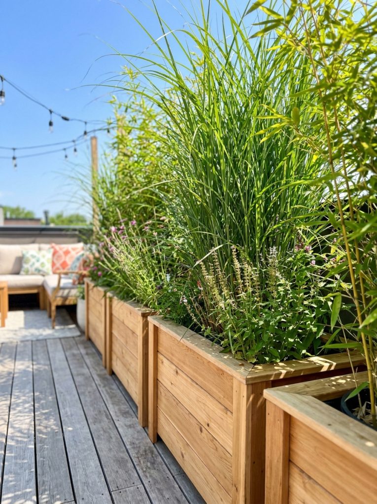  DIY triangular corner planter box filled with flowering plants fitted neatly into deck patio corner