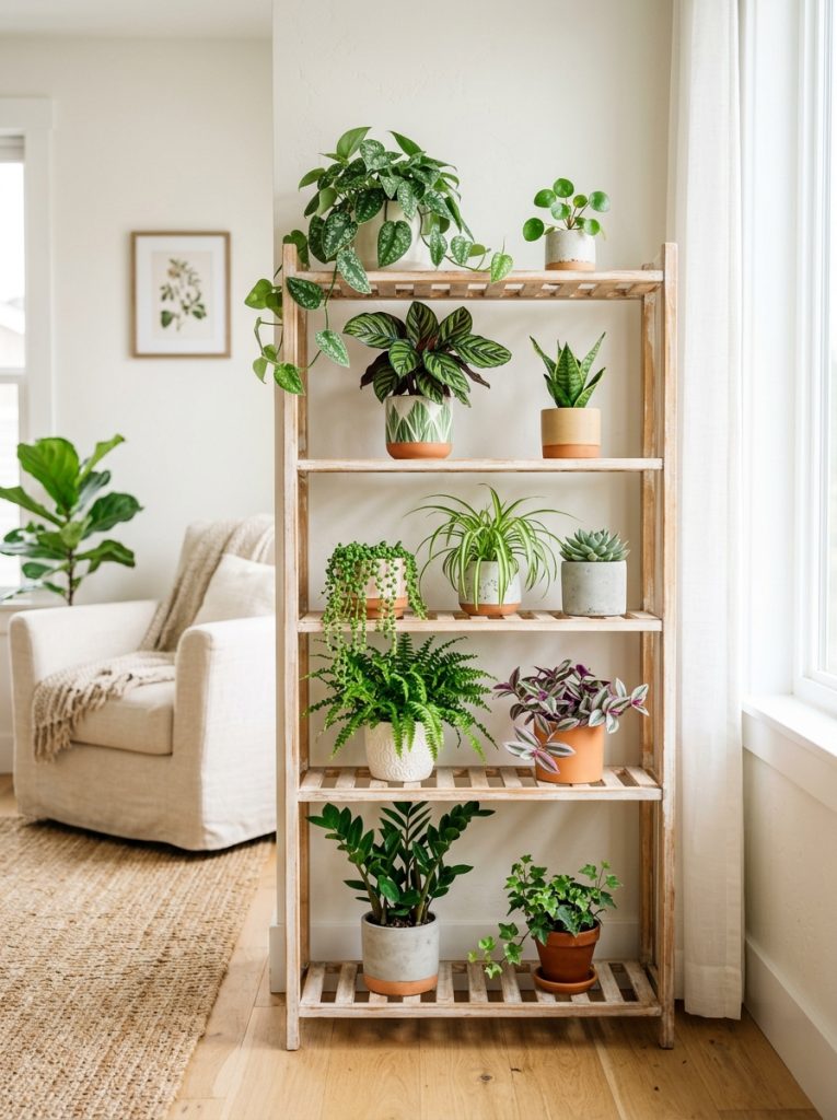 Repurposed wooden shoe rack styled as indoor plant stand with small potted plants on each tier