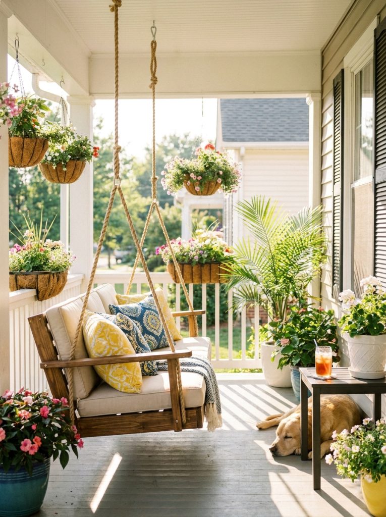  DIY wooden swing bench hanging from porch ceiling with rope chains and cushion on seat