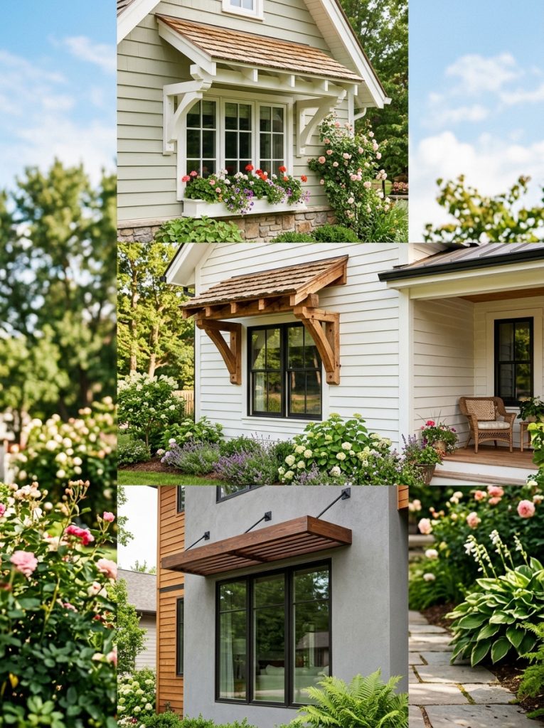 Beautiful wooden window awning DIY on different homes with painted white cottage natural farmhouse and dark stained contemporary designs 