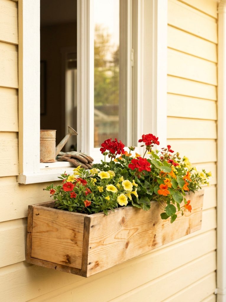 Simple easy DIY wooden window box overflowing with colorful summer flowers mounted below house window