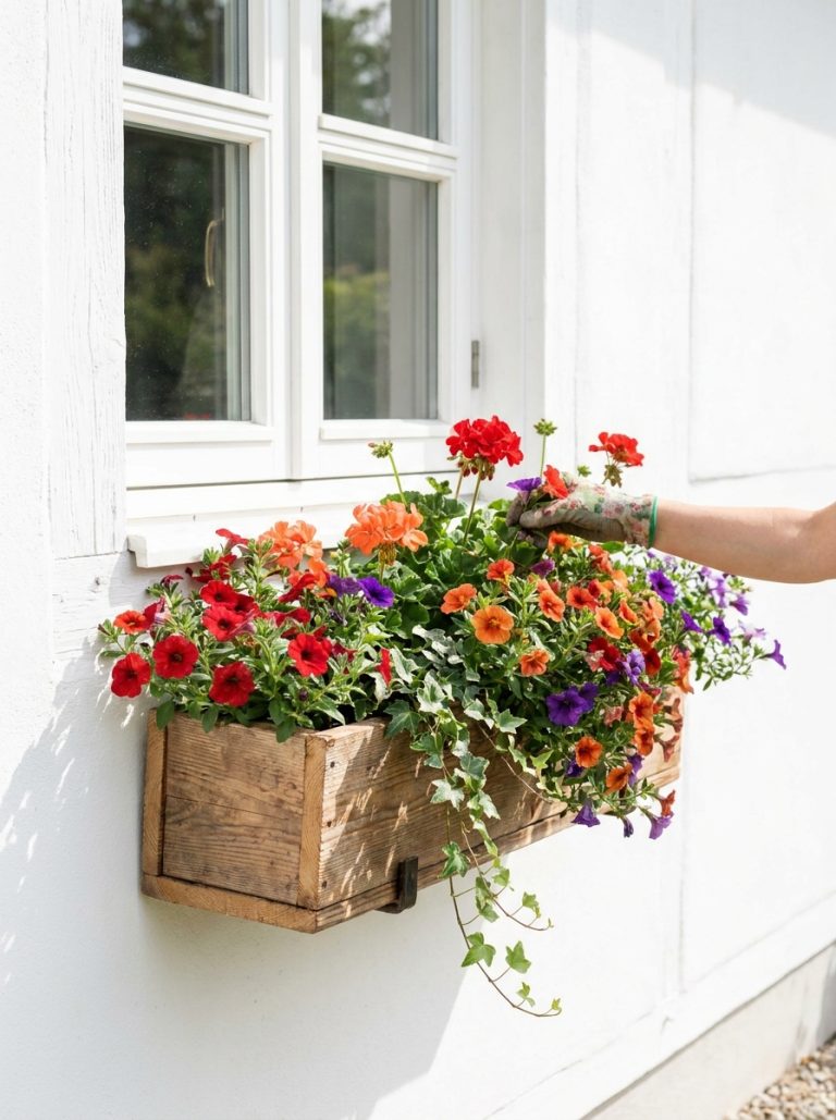 DIY wooden window box mounted below house window overflowing with colorful trailing flowers