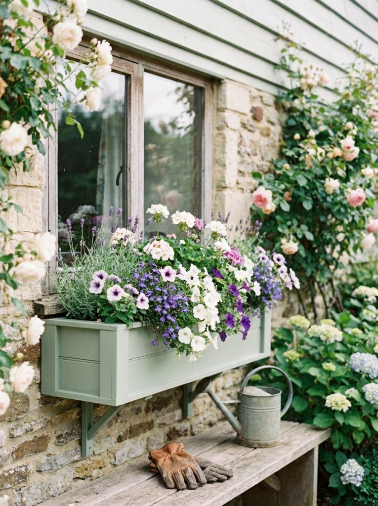  Single simple DIY wooden window box painted sage green below house window with white and purple flowers