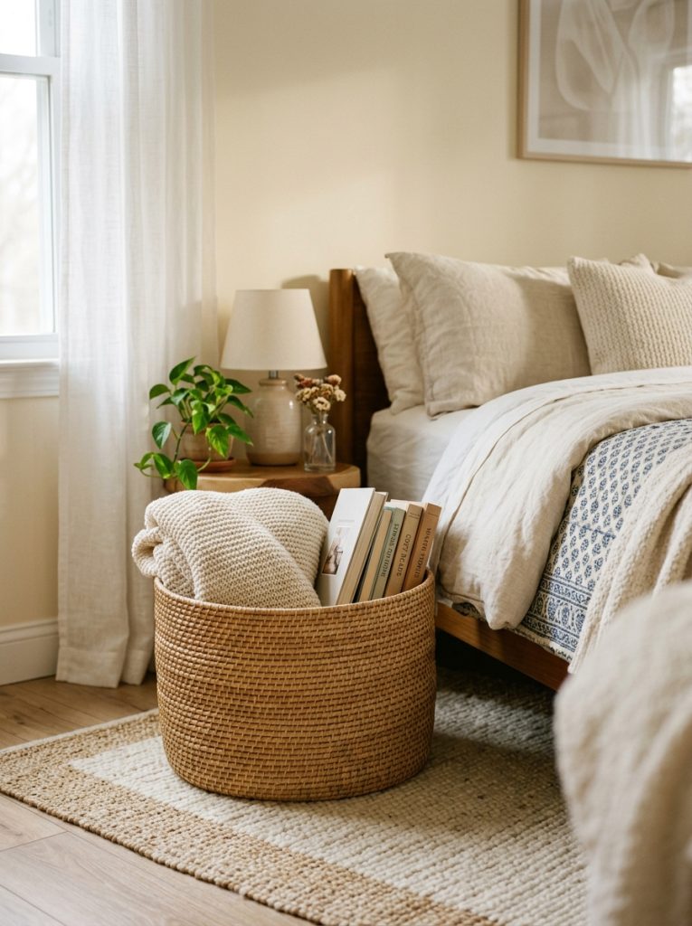  Round woven basket beside bed holding folded blanket and books on bedroom floor