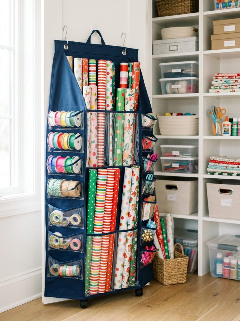 Tall wrapping paper storage organizer holding multiple wrapping paper rolls upright with ribbon and tape in pockets
