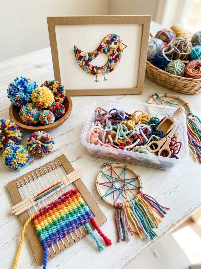 Creative scrap yarn craft projects for kids with leftover yarn in collage art mixed pom poms scrap weaving and sensory play
