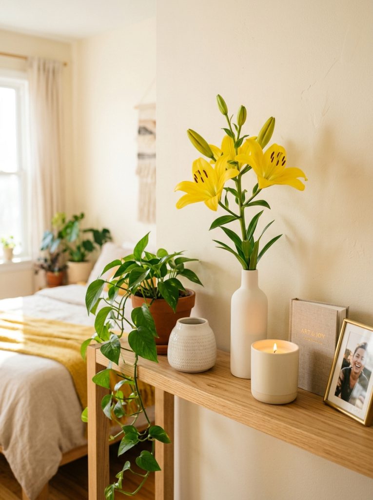 Beautiful yellow lilies aesthetic bedroom shelf with lily stem white bud vase ceramic cream candle art book and trailing plant