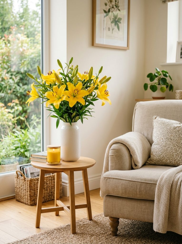 Beautiful warm living room corner with yellow lilies white ceramic vase natural linen armchair wooden side table yellow candle