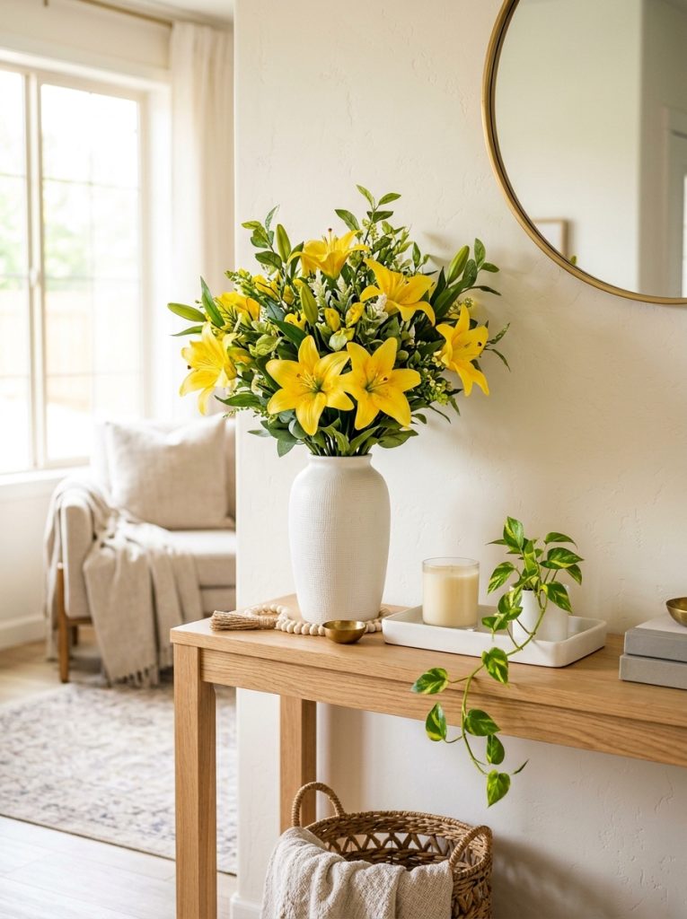 Beautiful living room console with yellow lilies bouquet tall white ceramic vase white tray candle and trailing plant
