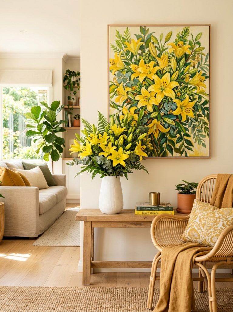 Beautiful living room with yellow lilies painting on wall yellow lily bouquet white vase console table sunny warm atmosphere