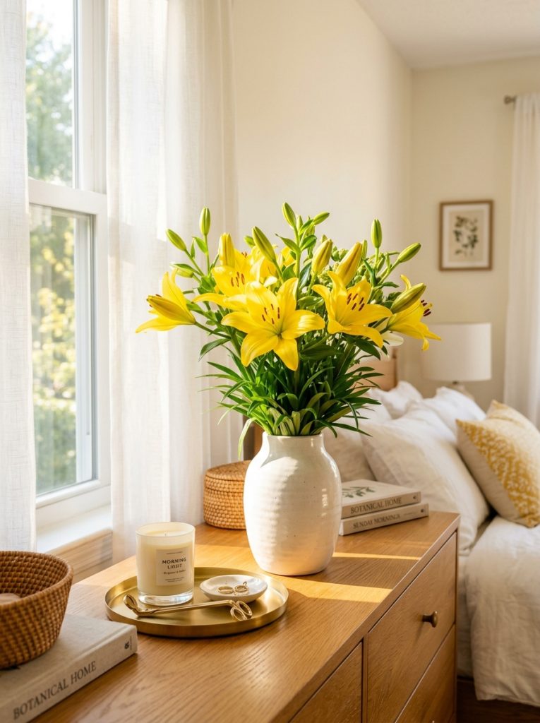 Beautiful sunny bedroom dresser with yellow lilies white ceramic vase gold tray cream candle warm natural window light