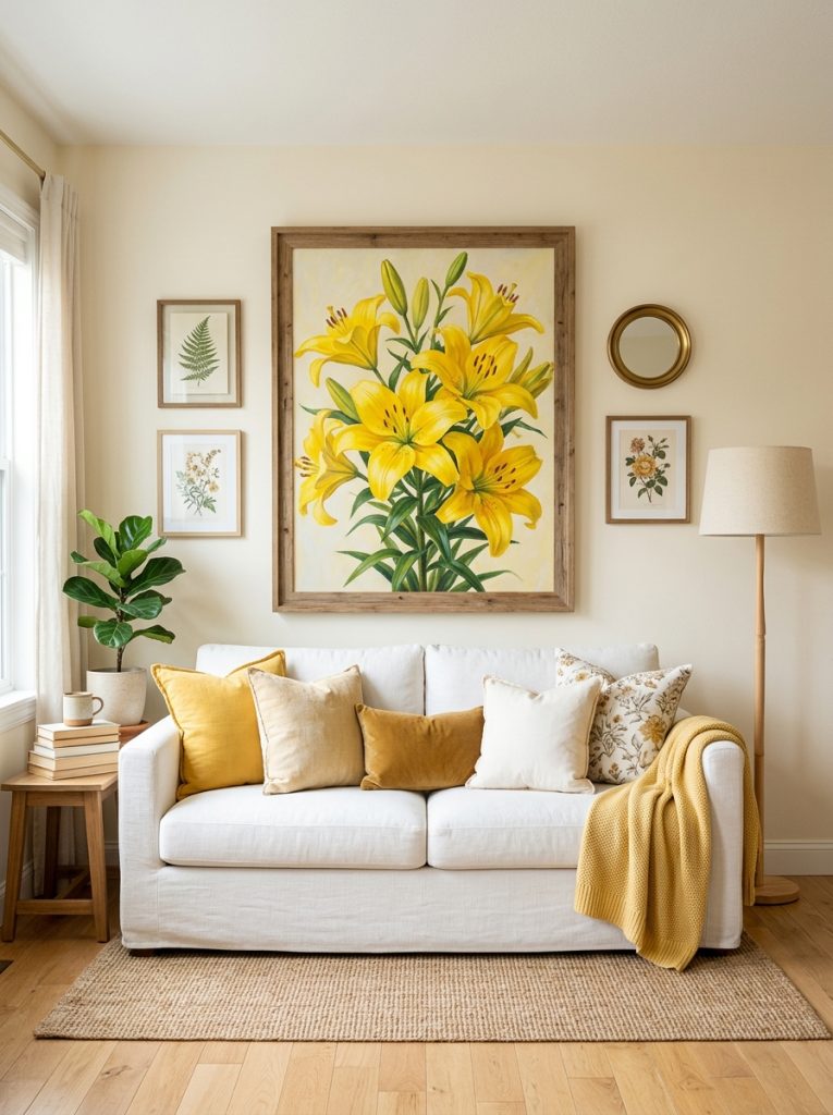  Beautiful living room with yellow lilies painting above white sofa yellow cream cushions and natural wood floor lamp