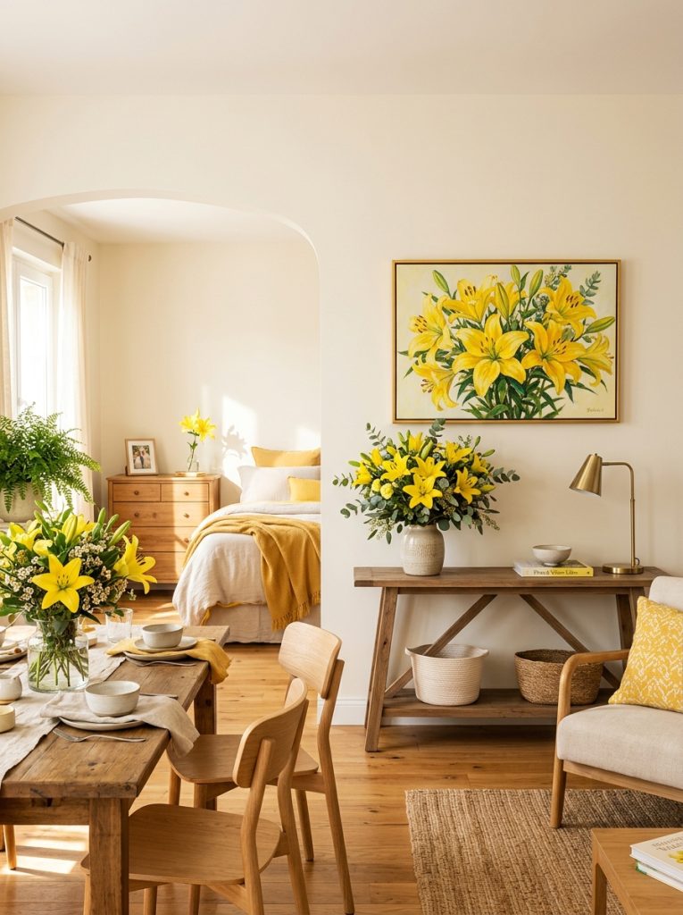  Complete yellow lilies room with painting wall bouquet console dining arrangement and bedroom stem warm sunny botanical styling