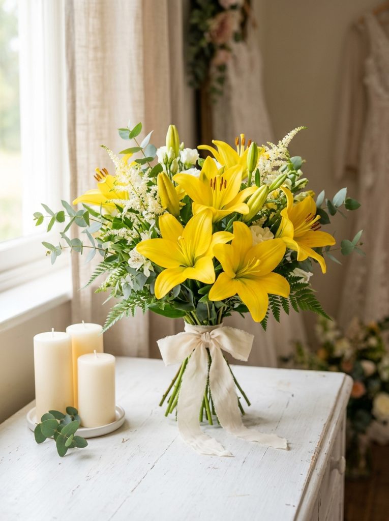 Beautiful yellow lilies wedding bouquet white surface cream ribbon minimal candles and soft natural lighting