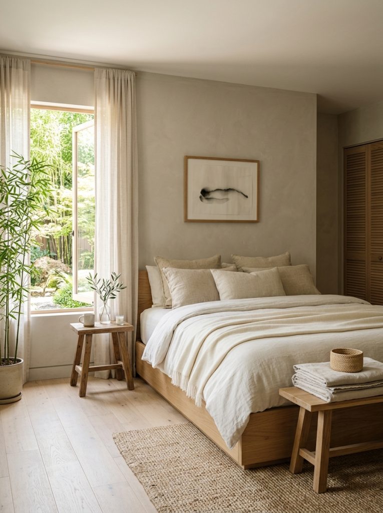  Beautiful zen modern neutral bedroom with minimal furniture natural materials empty space natural light bamboo wood deeply serene palette