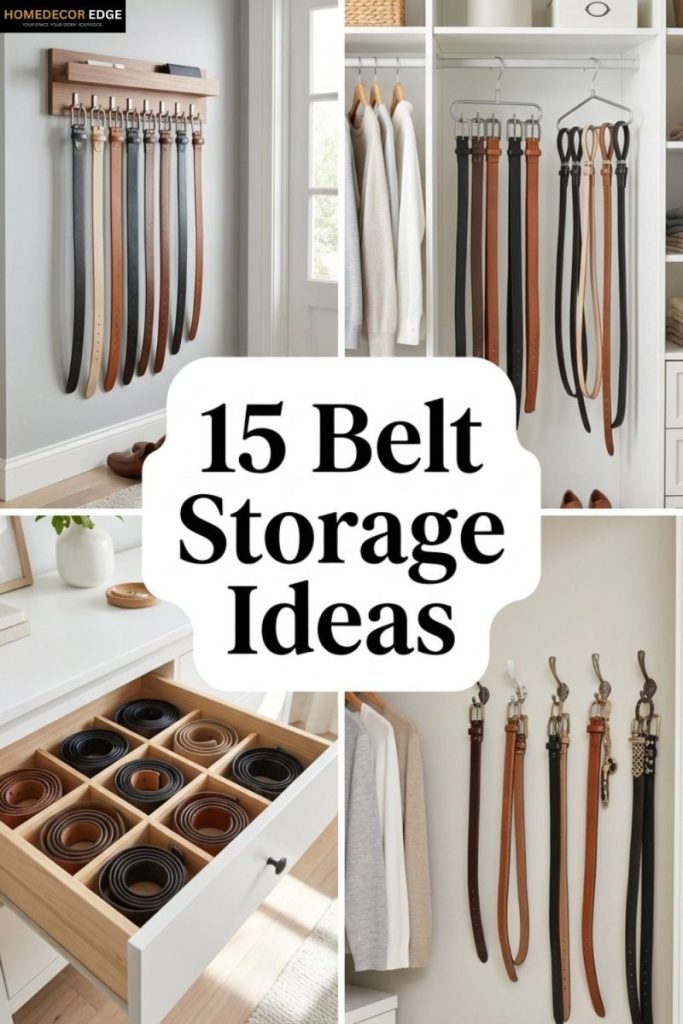 Pinterest collage showing 15 belt storage ideas for closets walls and drawers