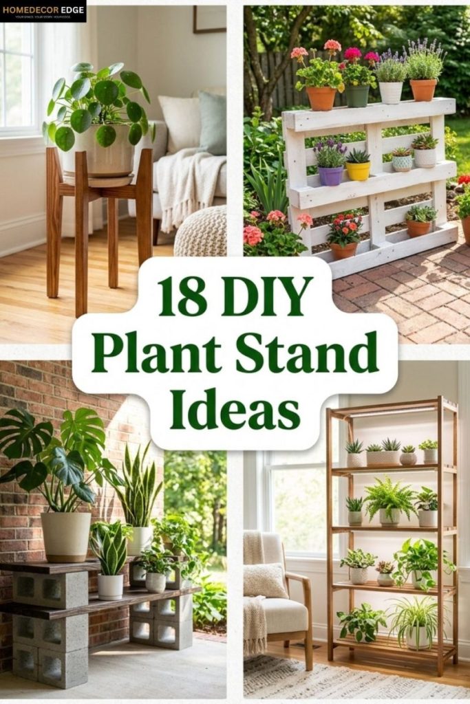 Pinterest collage showing 18 DIY plant stand ideas for indoor outdoor and small spaces