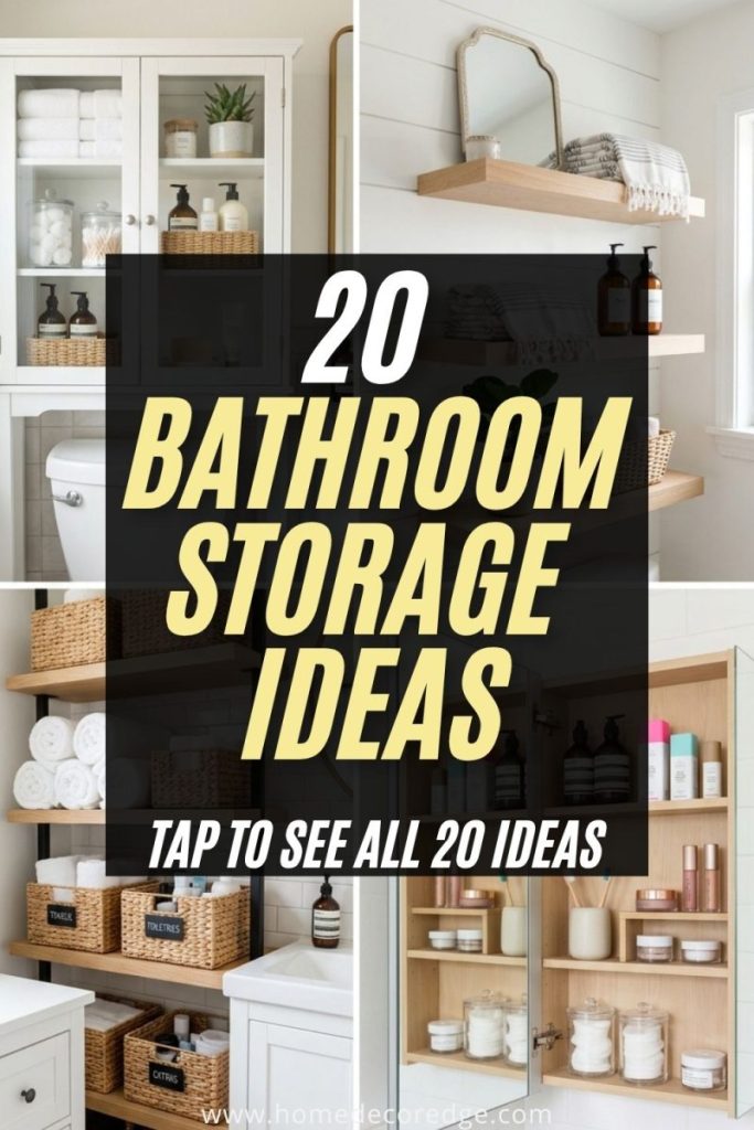 Four bathroom storage ideas including organized over-toilet cabinet floating shelves styled accessories wicker baskets open shelving hidden mirror cabinet