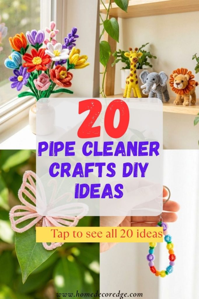 Four pipe cleaner crafts including colorful flower bouquet cute animal figures delicate butterfly and beaded keychain