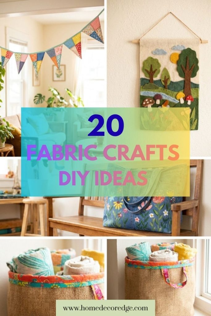 Four fabric crafts including colorful scrap fabric bunting no sew felt wall hanging upcycled denim tote and rustic jute basket