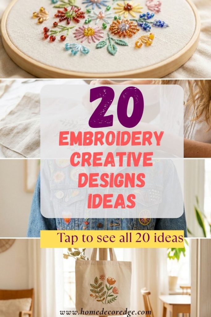 Four embroidery ideas including beaded floral hoop colorful hand embroidered botanical denim jacket colorful patches and tote bag botanical design