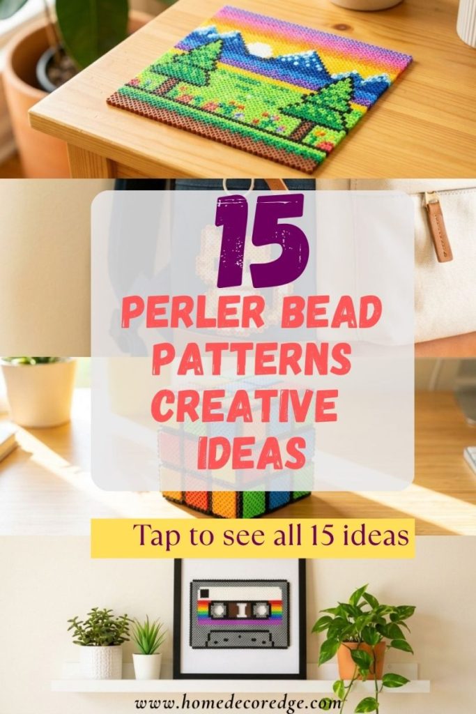 Four perler bead patterns including colorful scene retro aesthetic cute cat keychain impressive 3D cube and creative album cover shelf display
