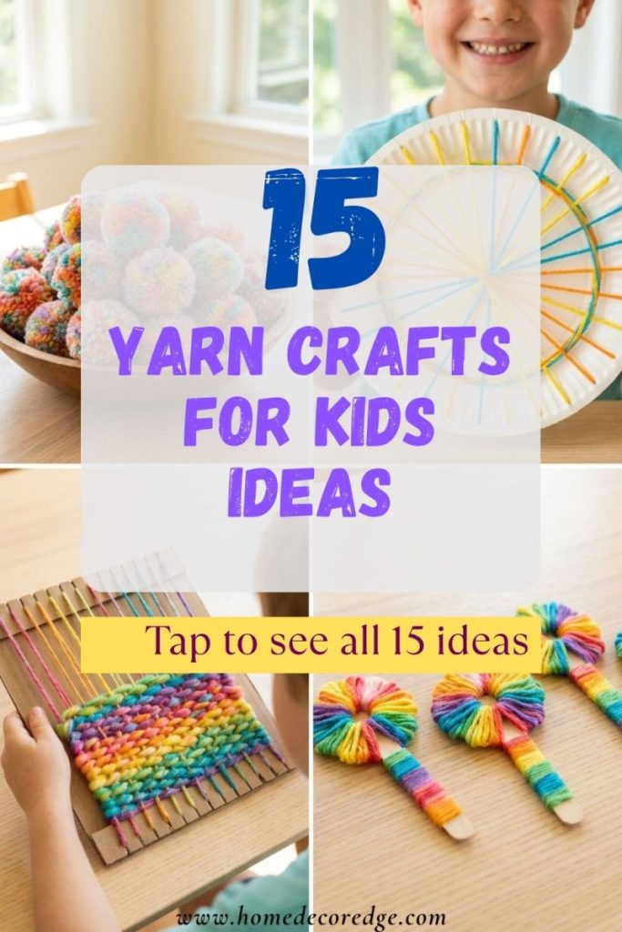 Four yarn crafts for kids including rainbow pom pom collection paper plate weaving colorful cardboard loom and yarn-wrapped popsicle sticks