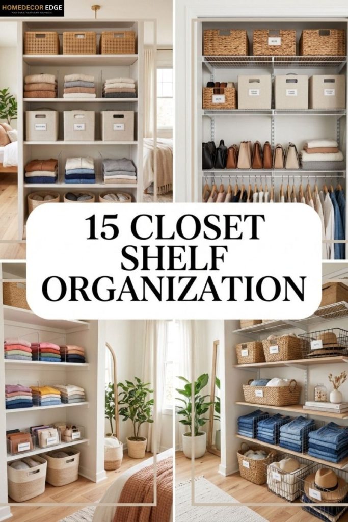 Pinterest collage showing 15 closet shelf organization ideas for bedrooms