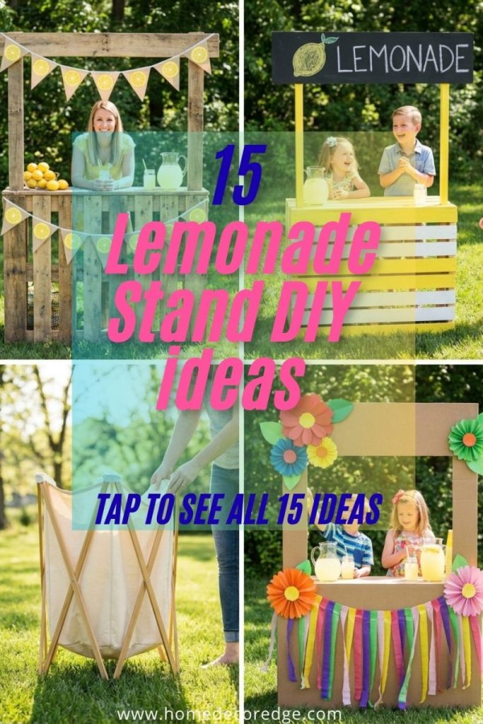 Four lemonade stand DIY ideas including rustic pallet wood with bunting bright painted crate with chalkboard clever foldable and cute cardboard