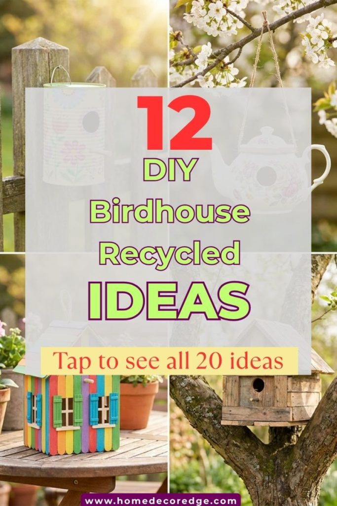 Four DIY birdhouse recycled ideas including painted tin can on fence post repurposed teapot hanging popsicle stick colorful and rustic pallet in tree.